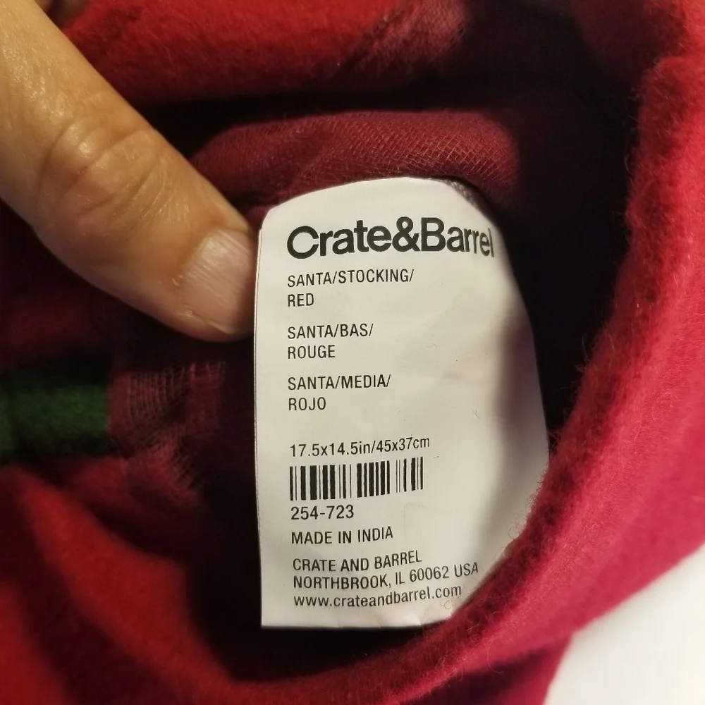 2 Crate & Barrel Santa Red Wool Christmas Stockings Applique Pom Pom Holiday EUC